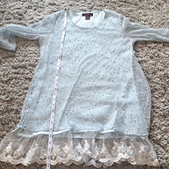Elena Wang | Pastel blue long knit sweater with sequins & lace trim - Picture 8 of 11